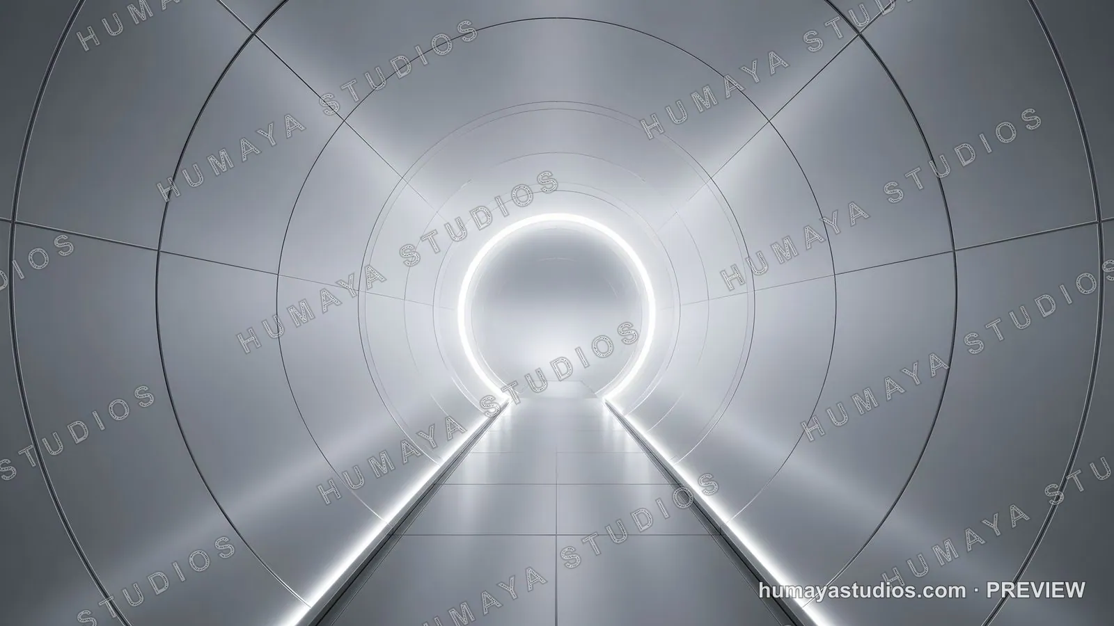 Futuristic Metallic Tunnel Corridor with Glowing Lights