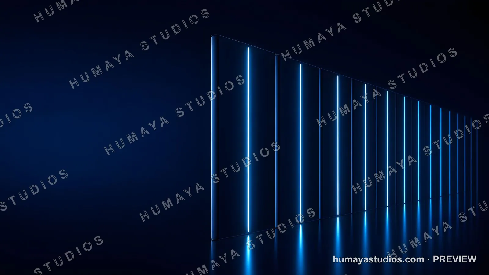 Futuristic neon blue glowing panel wall in dark room