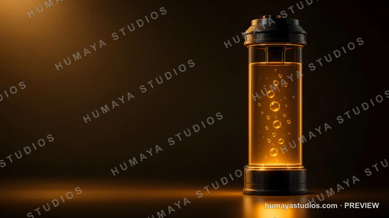 Futuristic energy cylinder with glowing amber liquid and bubbles