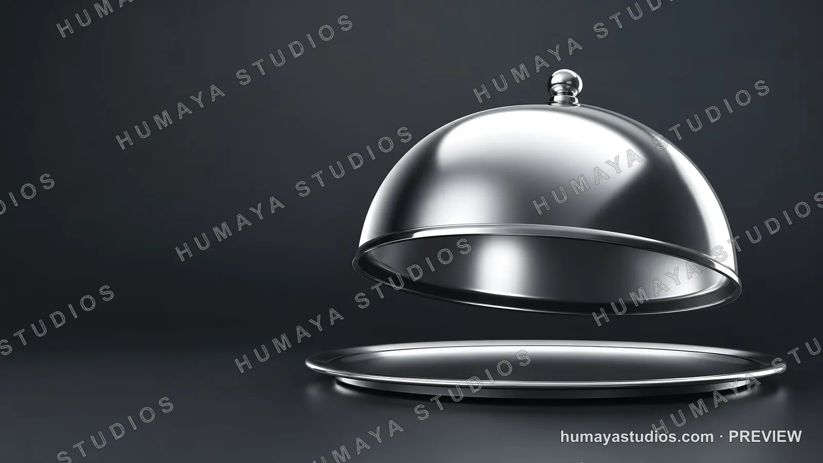 Open Silver Serving Dome Cloche with Tray on Dark Background