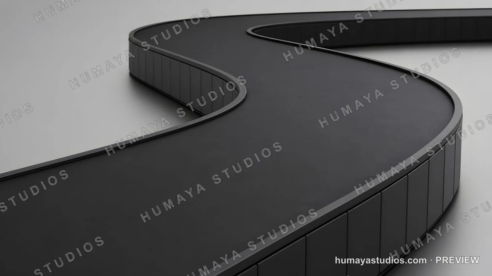 Curved black baggage conveyor belt system on neutral gray background