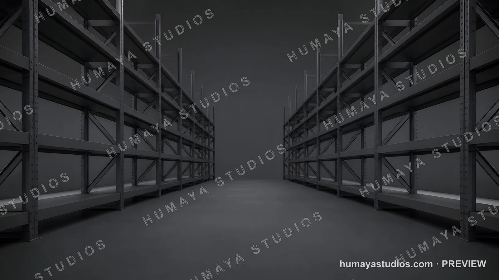 Modern empty warehouse with metal shelving units in grayscale