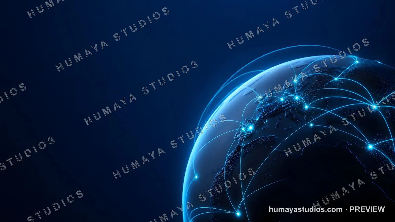 Global communication network on dark blue Earth globe