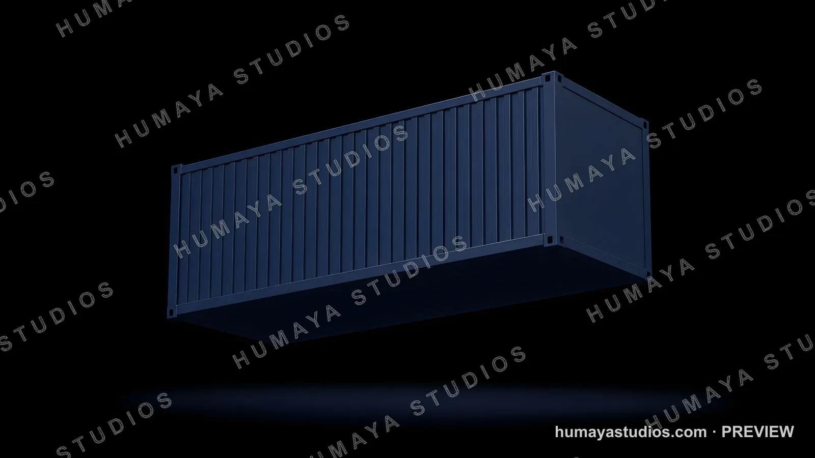 Dark Blue Shipping Container Floating on Black Background