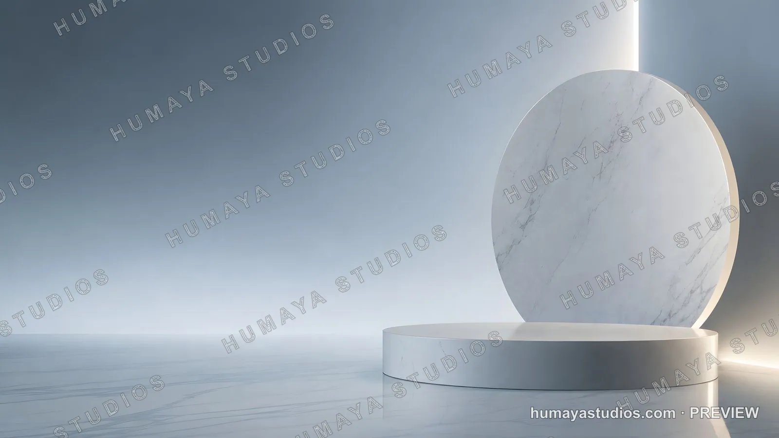 Minimalist marble podium and circular backdrop for product showcase