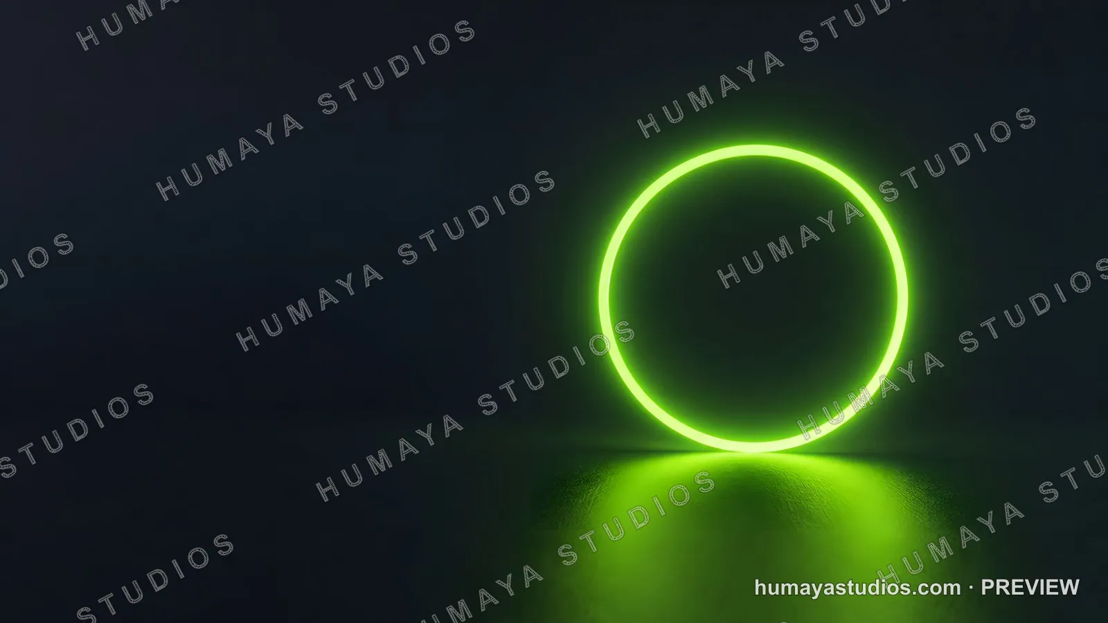 Glowing green neon circle ring light in dark room studio