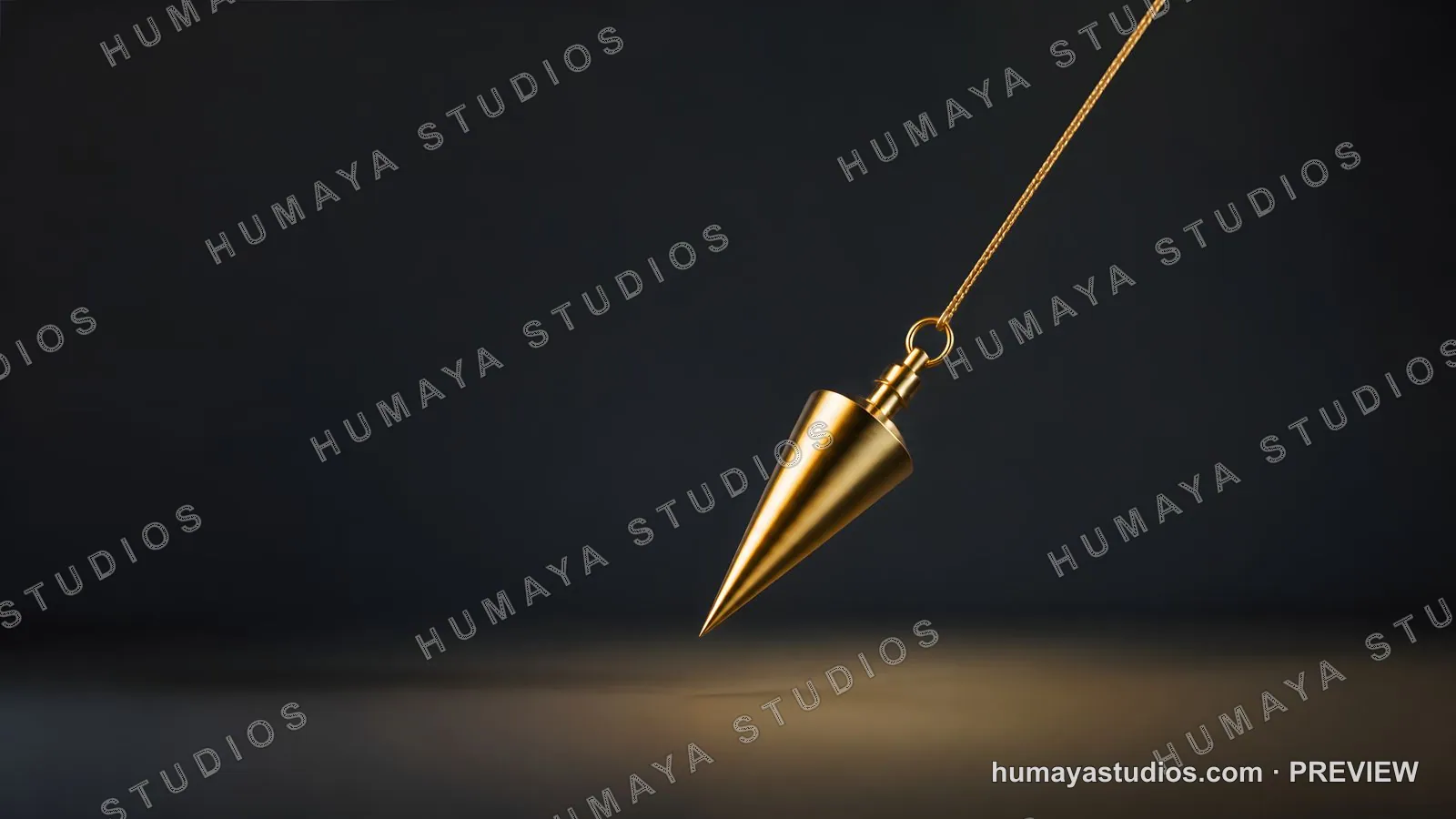 Golden Plumb Bob Pendulum Suspended on String Against Dark Background