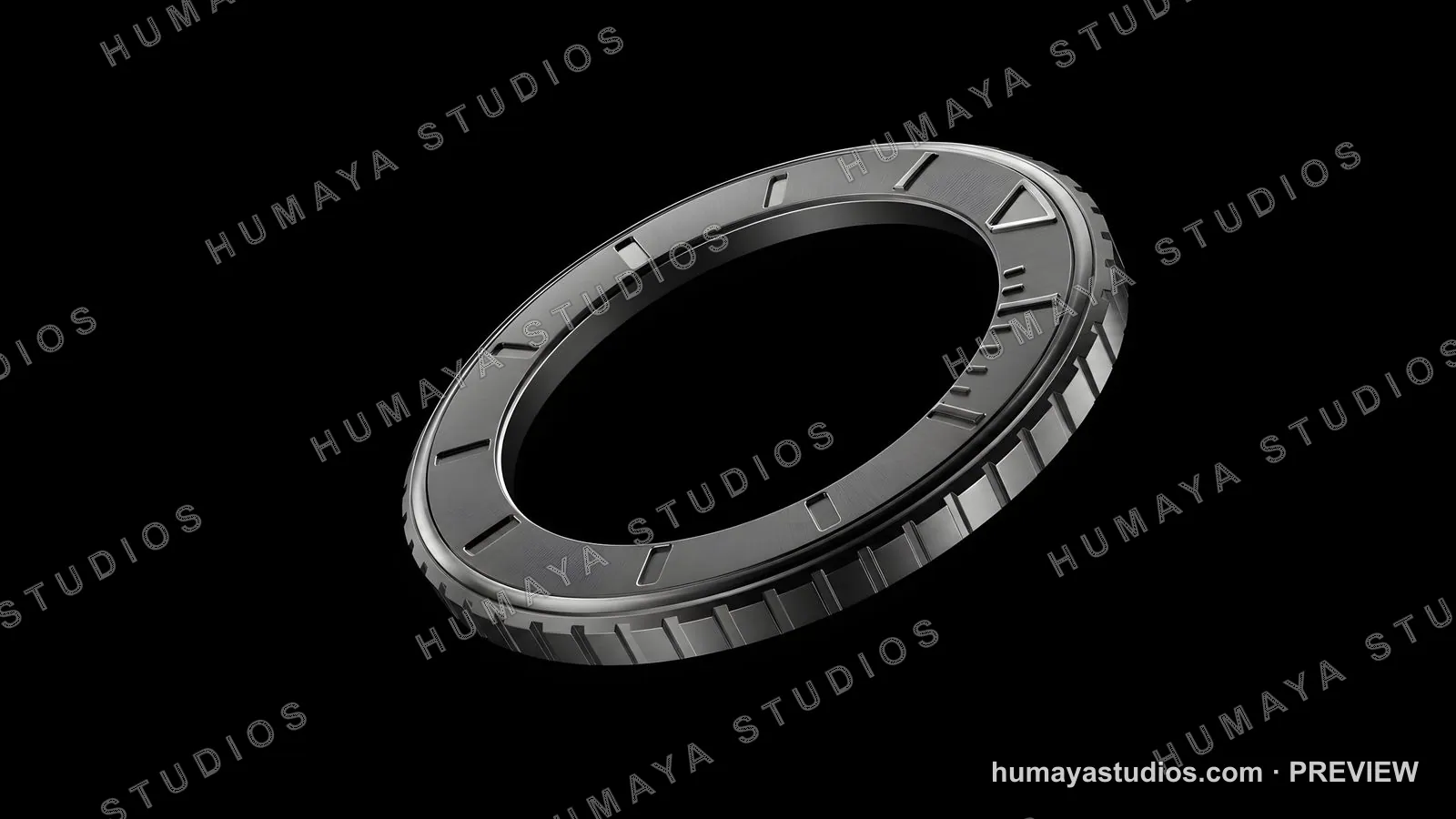 Metal watch bezel with detailed markings on black background