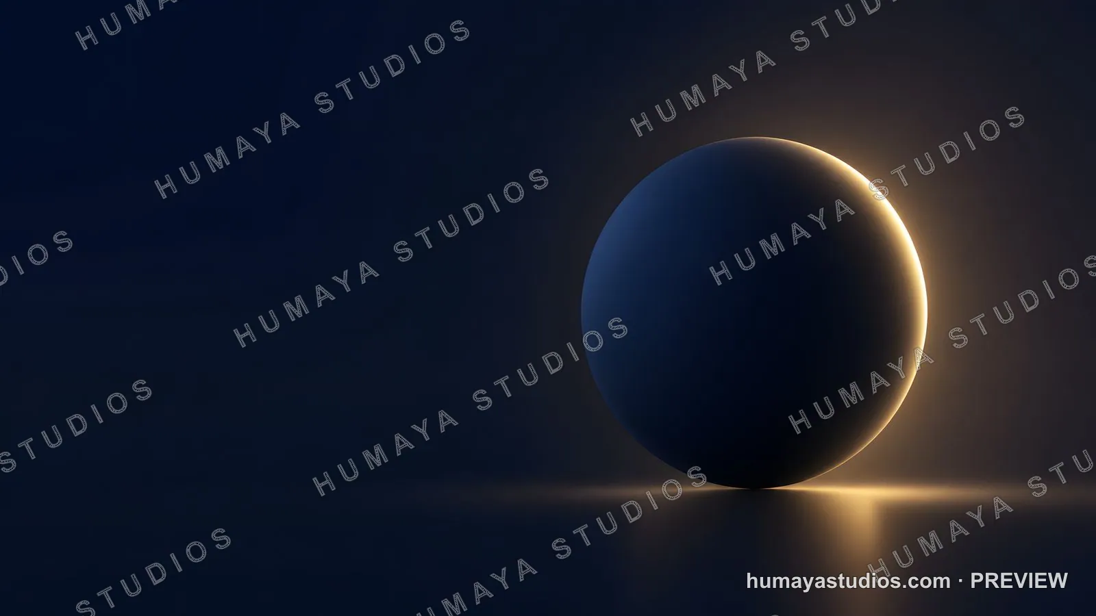Dark blue sphere glowing with golden rim light in abstract space