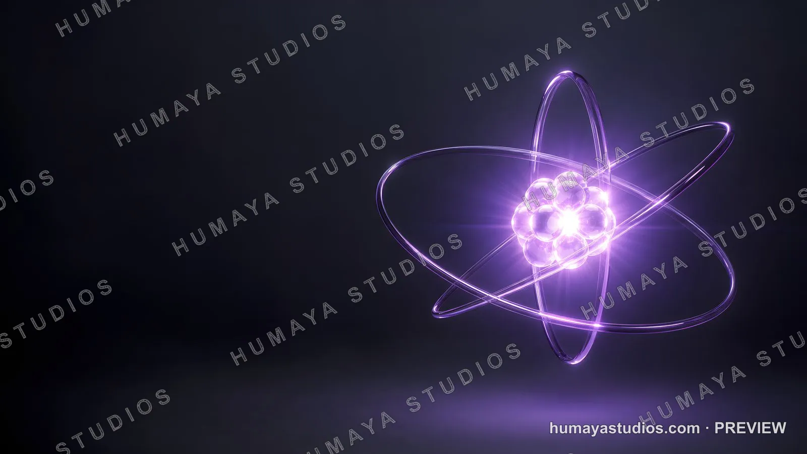 Glowing Purple Atom Model with Orbiting Rings and Nucleus