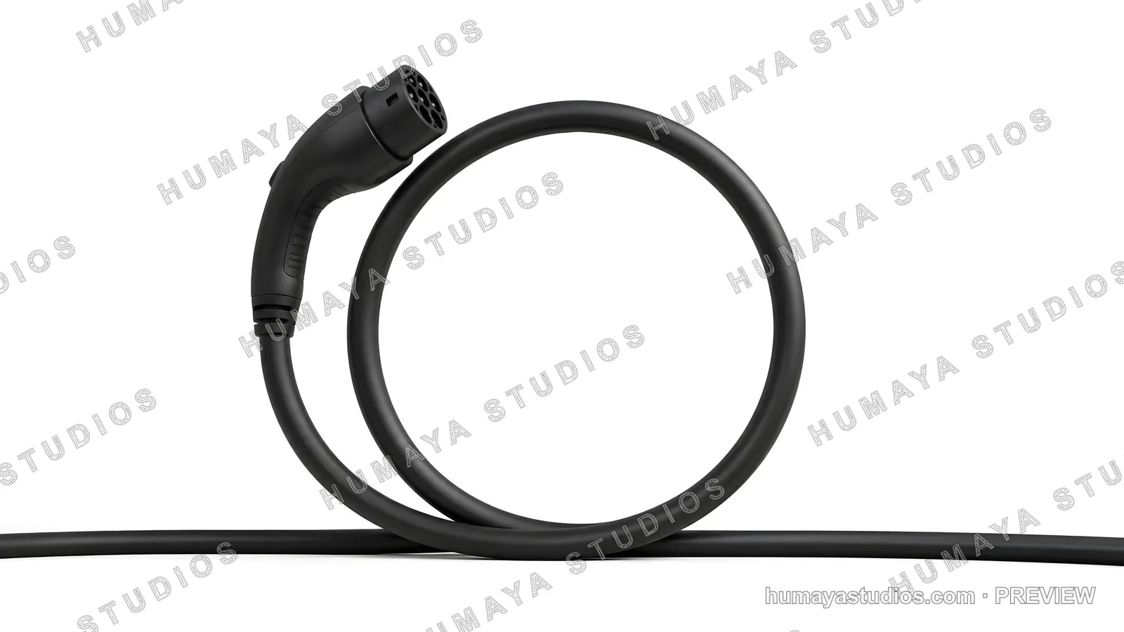 Electric Vehicle Charging Cable Coiled on White Background