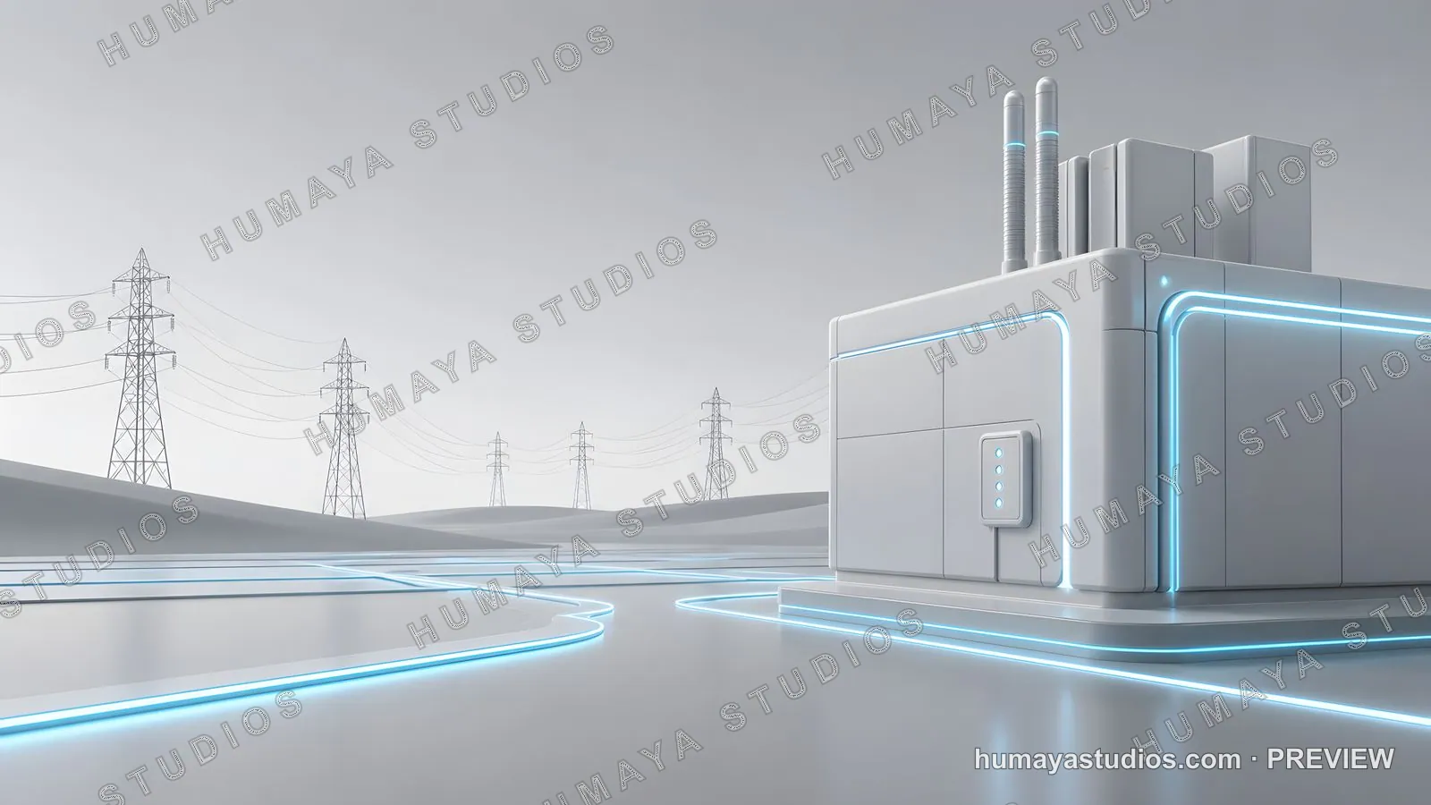 Futuristic Power Plant with Glowing Neon Light Lines and Pylons