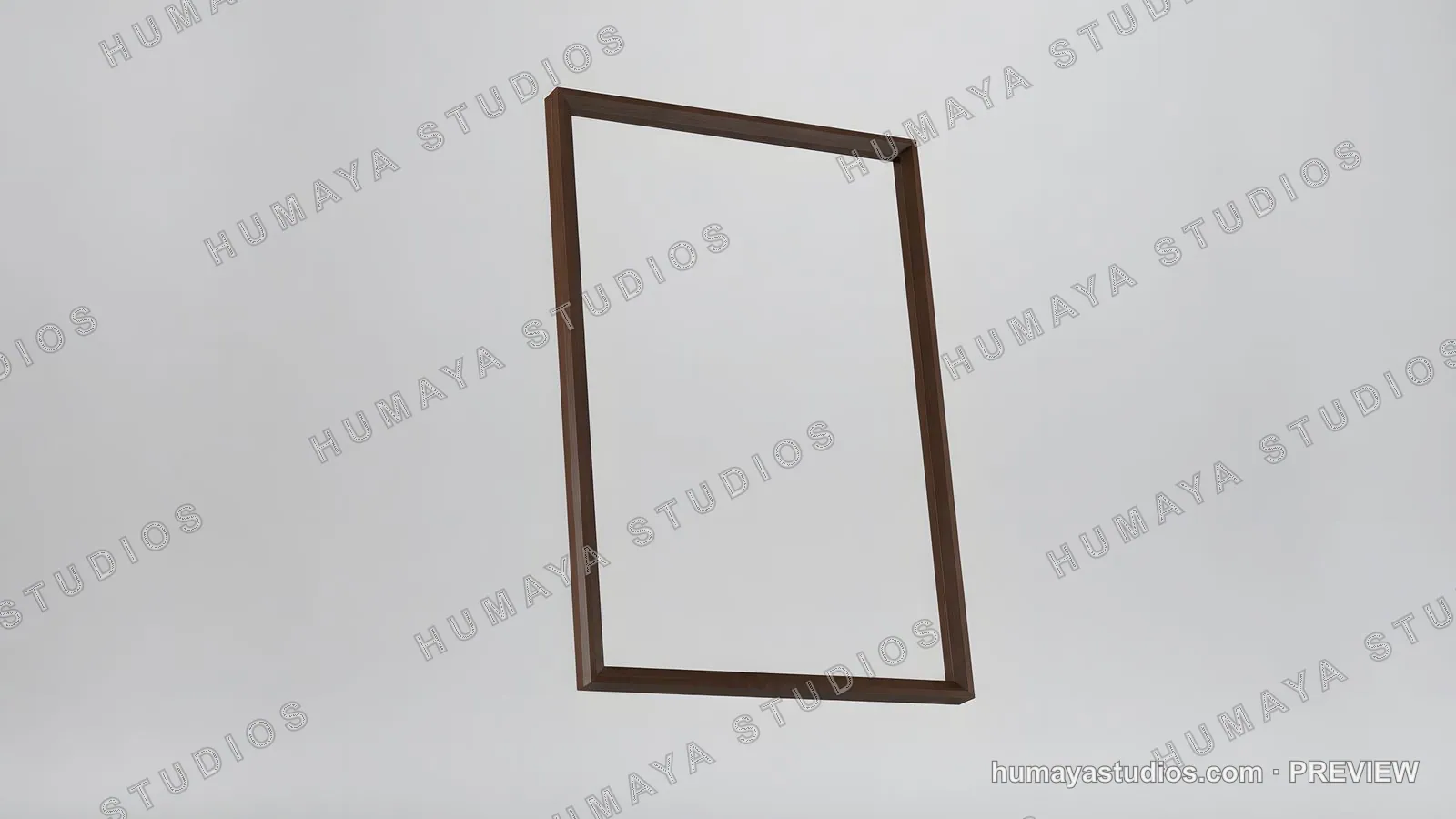 Empty Brown Wooden Picture Frame Floating on White Background