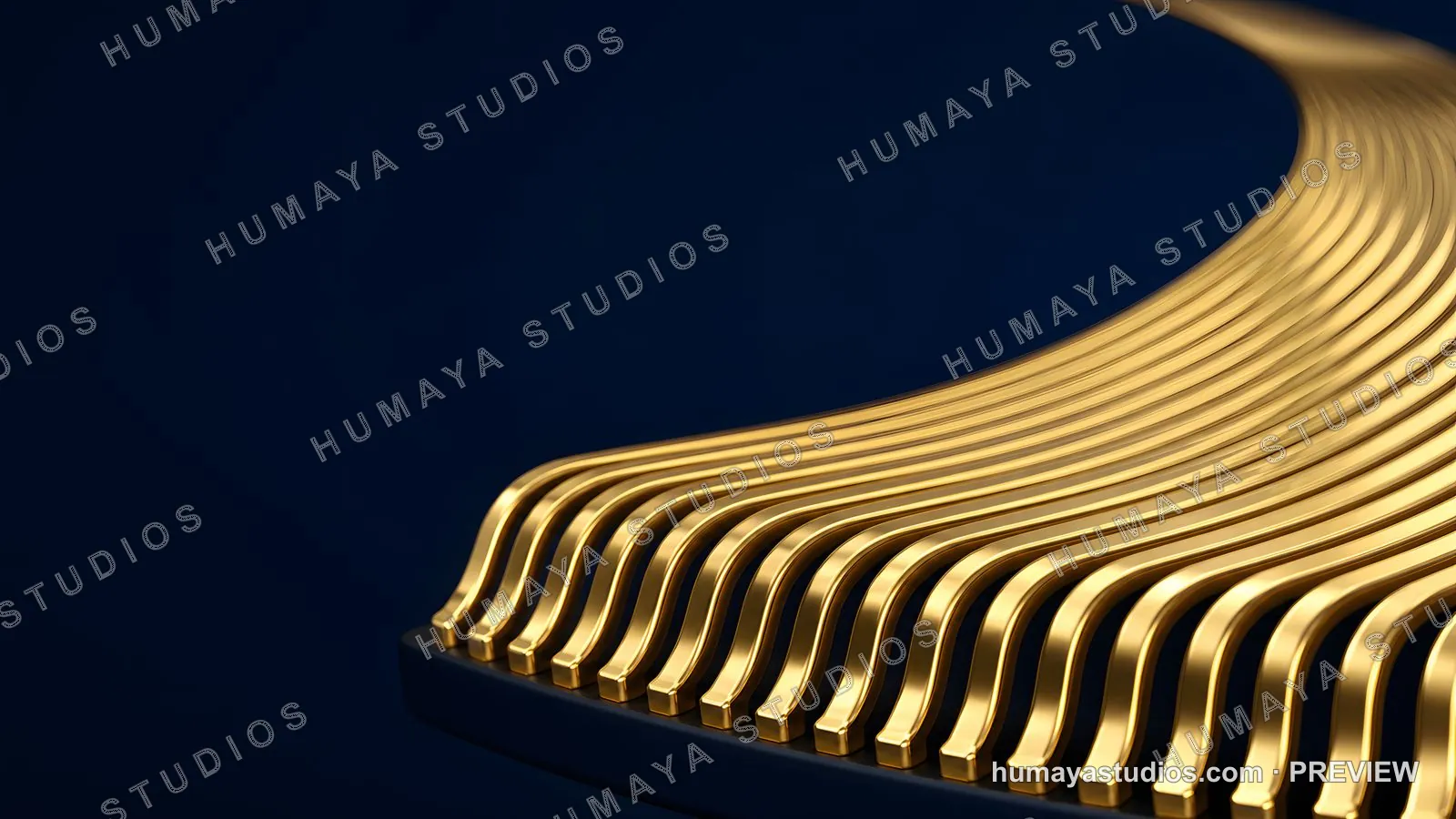 Gold Wavy Lines Abstract 3D Render on Dark Blue Background