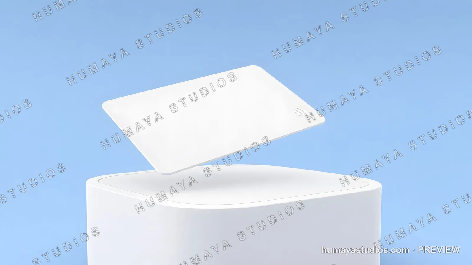 White contactless smart card hovering above podium, blue background