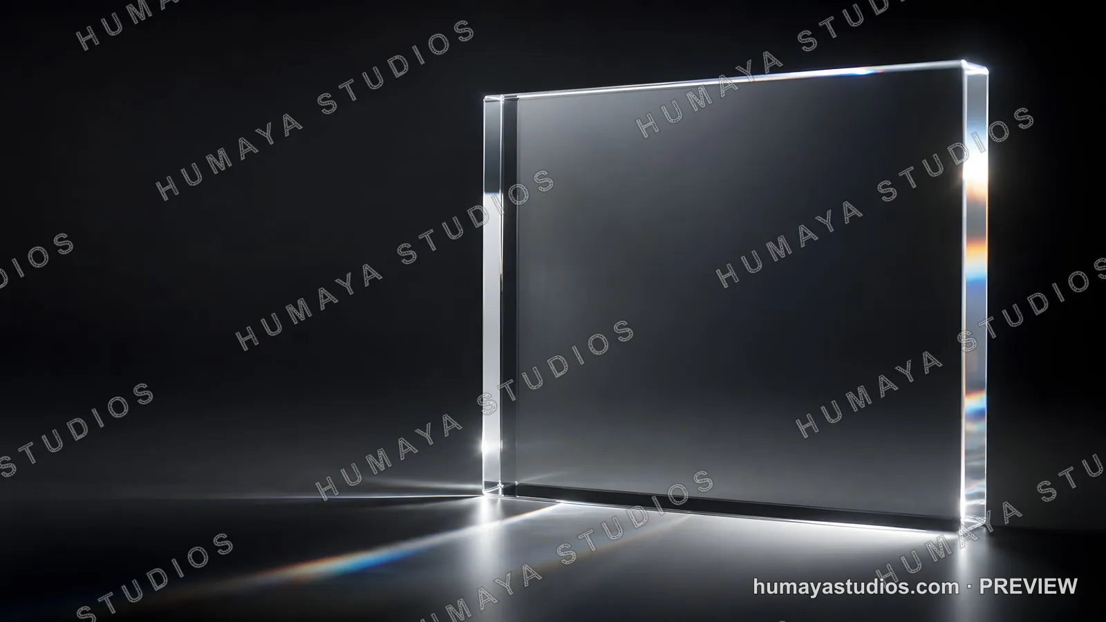 Glass block with light refraction on dark background