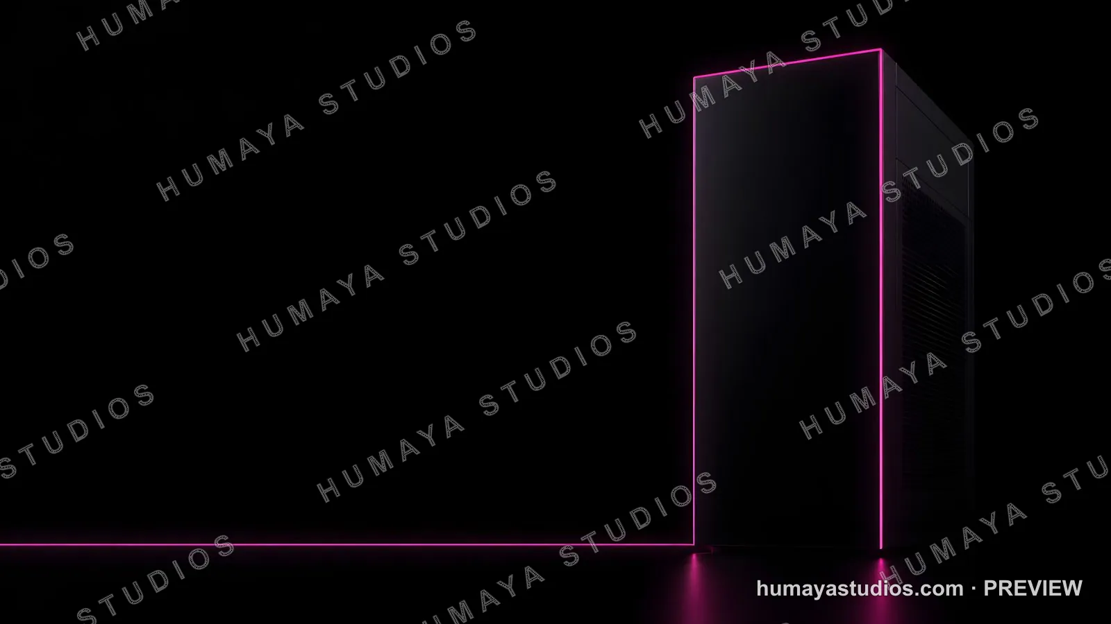 Futuristic Computer Tower with Neon Pink Light in Dark Room
