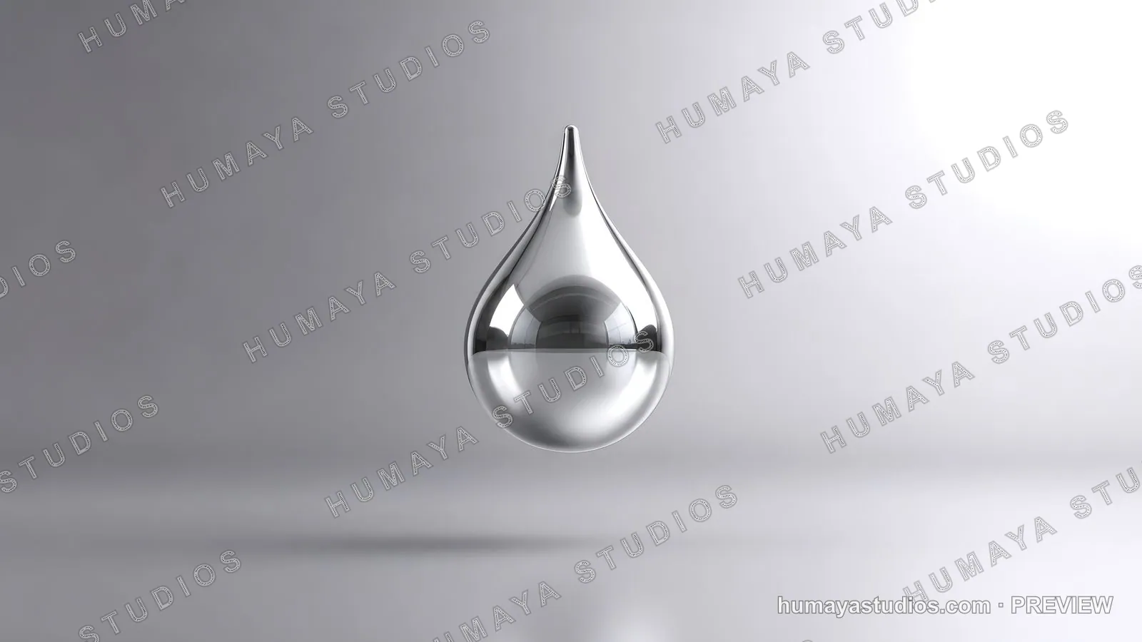 Metallic liquid drop floating on grey background