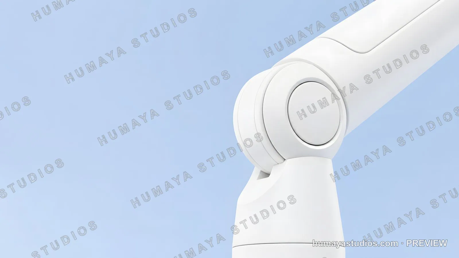 Modern white robotic arm joint against light blue background