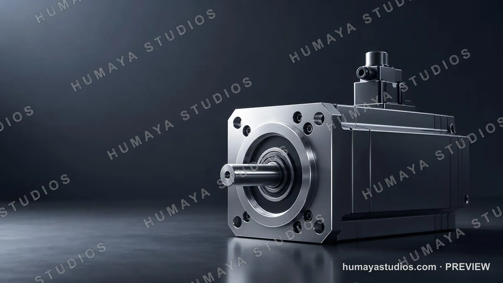 Industrial Servo Motor with Metal Shaft on Reflective Dark Surface