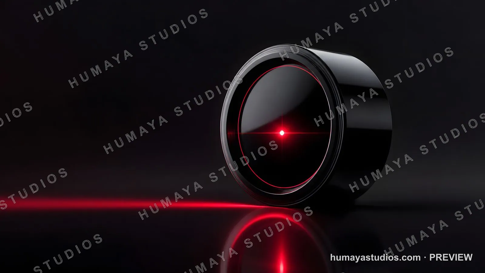 Futuristic Camera Lens with Red Laser Light and Reflection