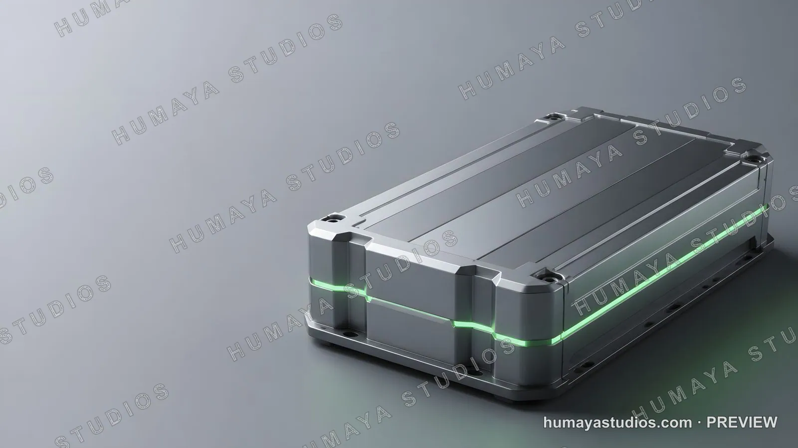 Futuristic Metallic Electronic Device with Glowing Green LED Accent