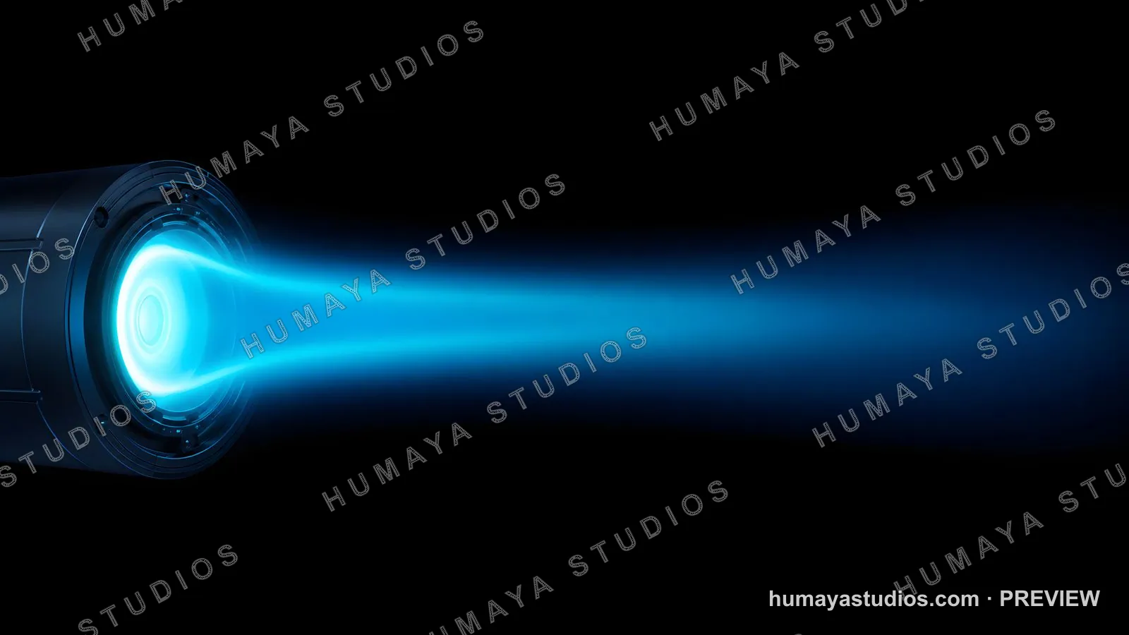 Futuristic Ion Thruster Engine Emitting Blue Plasma Beam in Space