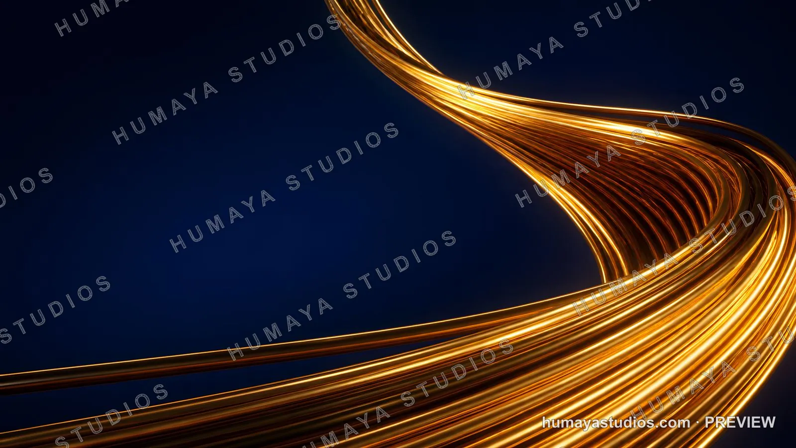 Gold fiber optics glowing and swirling in dark blue space