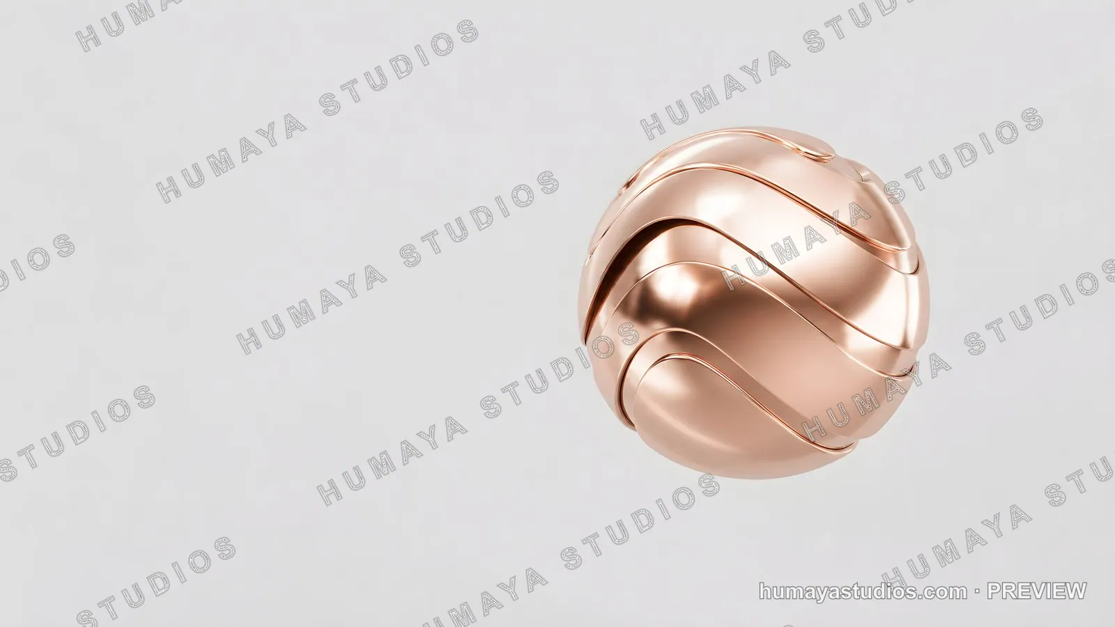 Abstract bronze sphere with glossy metallic waves on white background