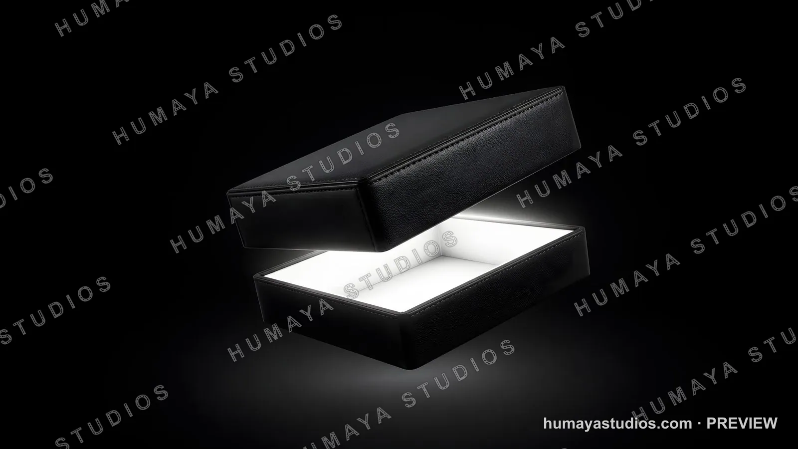 Glowing open black leather box with mysterious light