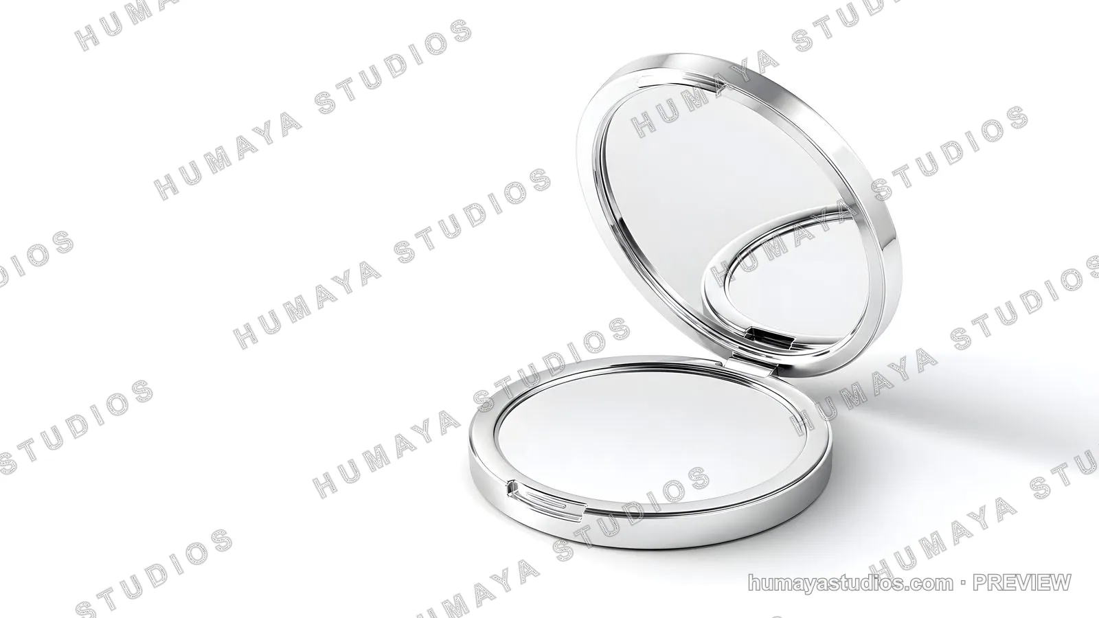 Open Silver Makeup Compact Mirror on White Background