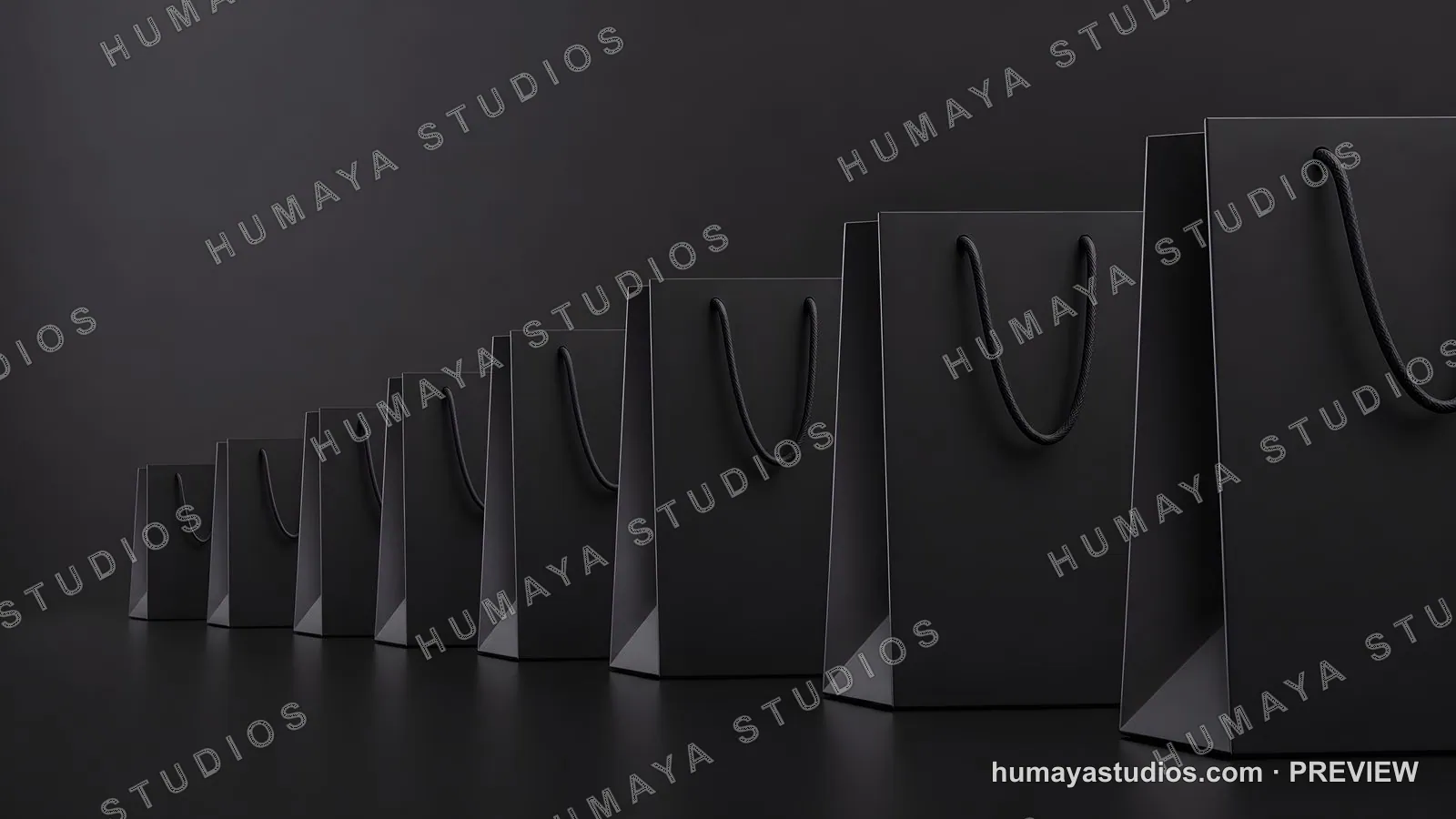 Row of Black Shopping Bags on Dark Background, Luxury Packaging