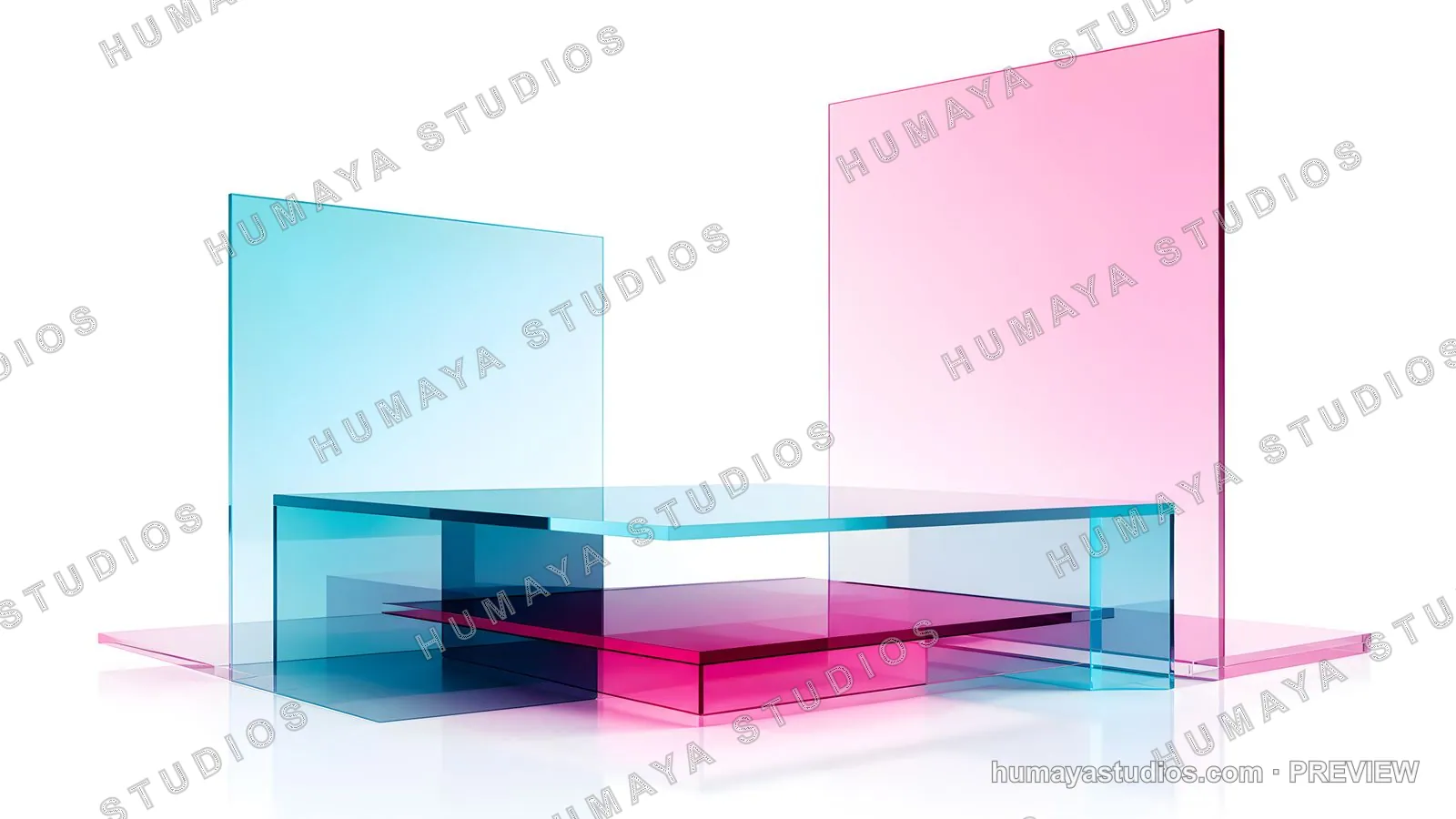 Glass Product Podium with Pink and Cyan Acrylic Panels