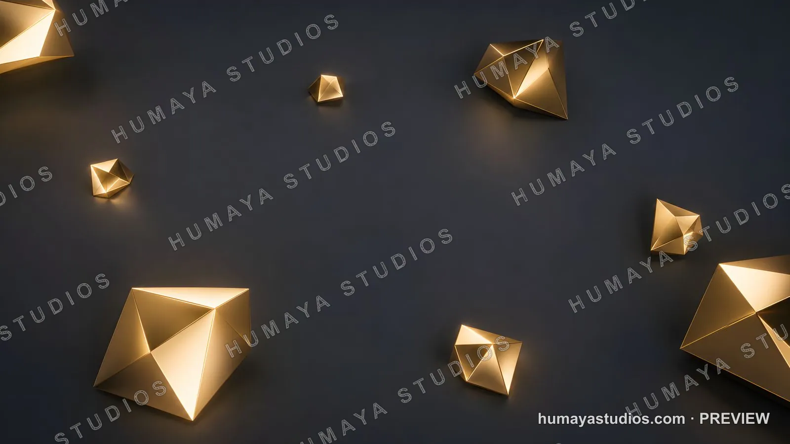 Golden geometric crystal polyhedron shapes on dark background