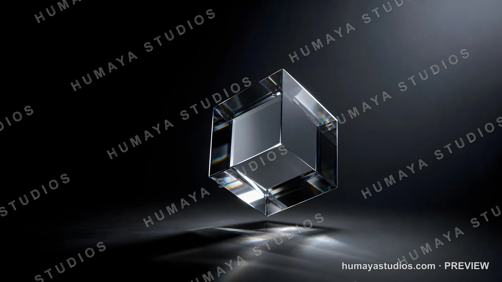 Floating Glass Crystal Cube Refracting Light on Dark Background