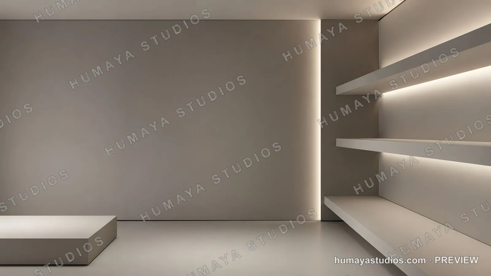Minimalist Product Display Stage with Glowing Shelves and Warm Lighting