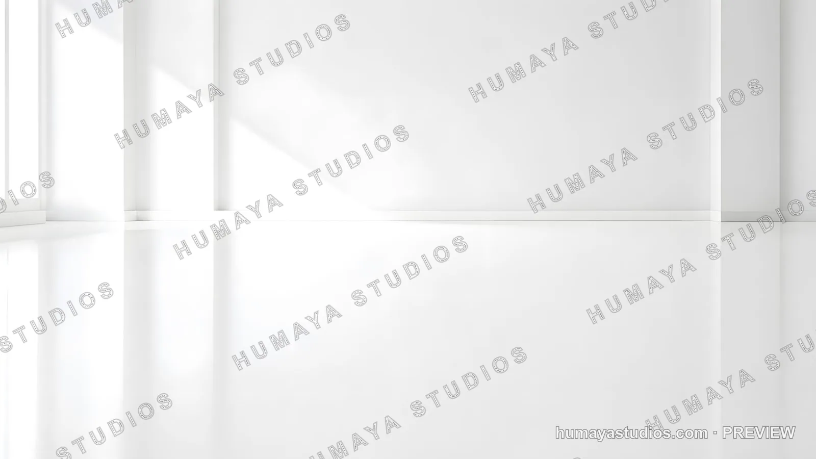 Modern white empty room interior with glossy reflective floor