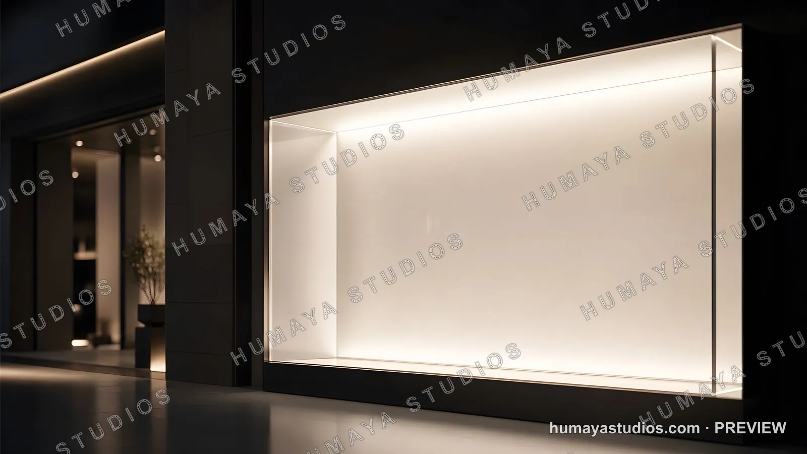 Modern Illuminated Storefront Display Window with Blank Space