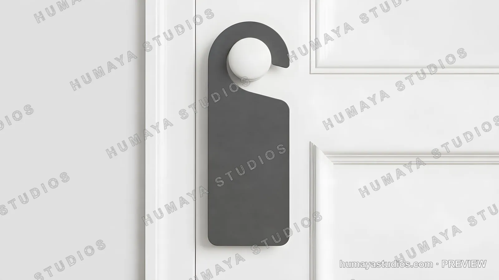 Blank gray door hanger mockup on a white panel door