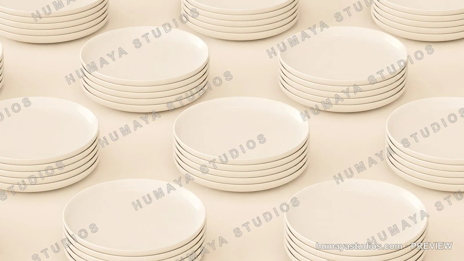 Minimalist stacks of white ceramic plates arranged in geometric grid
