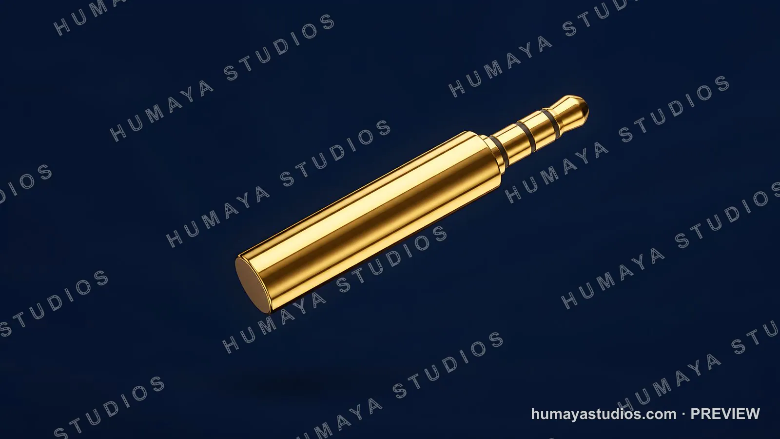 Golden audio jack cable plug connector floating on dark blue background