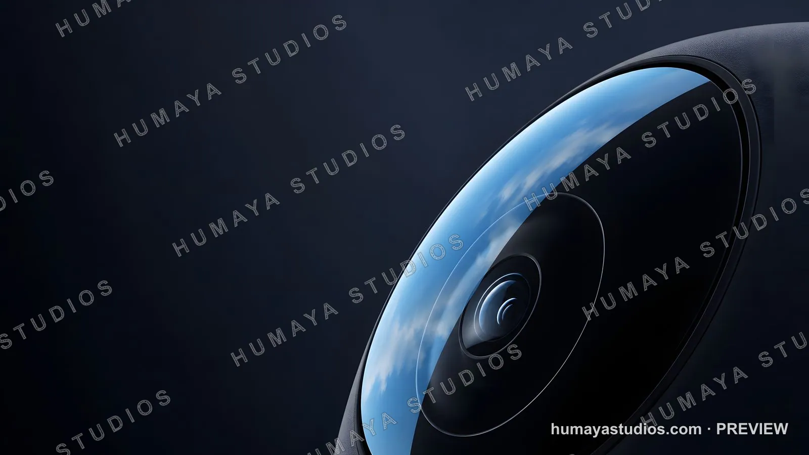 Futuristic VR Camera Lens Macro View with Cloud Reflection