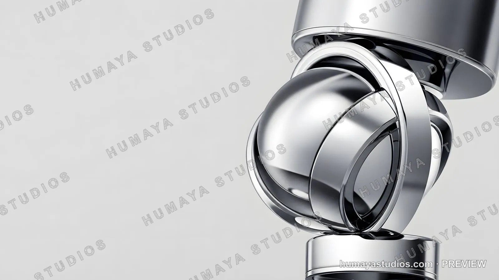 Close-up of futuristic metallic mechanical joint in white space