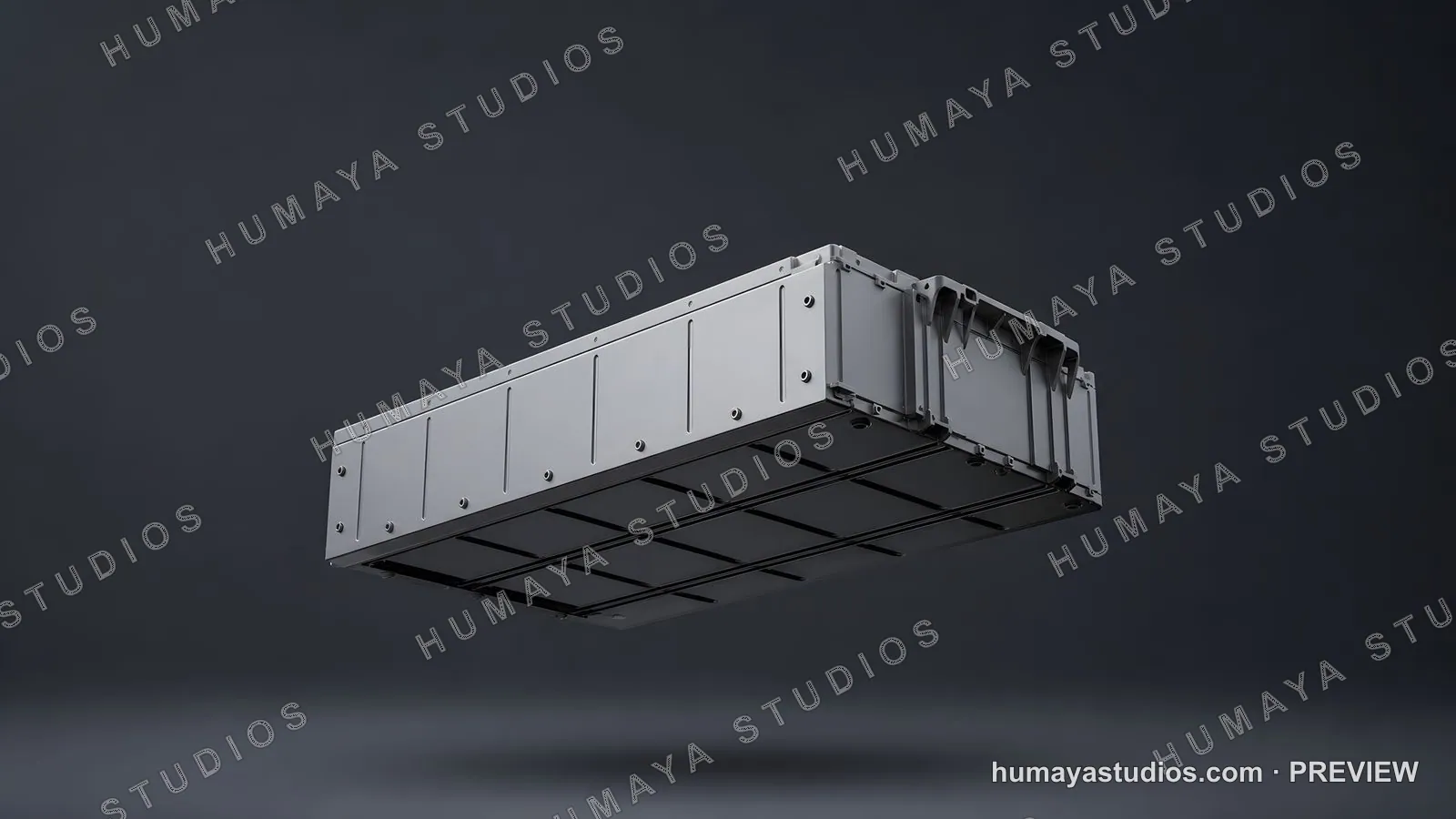 Electric vehicle battery pack floating in dark studio