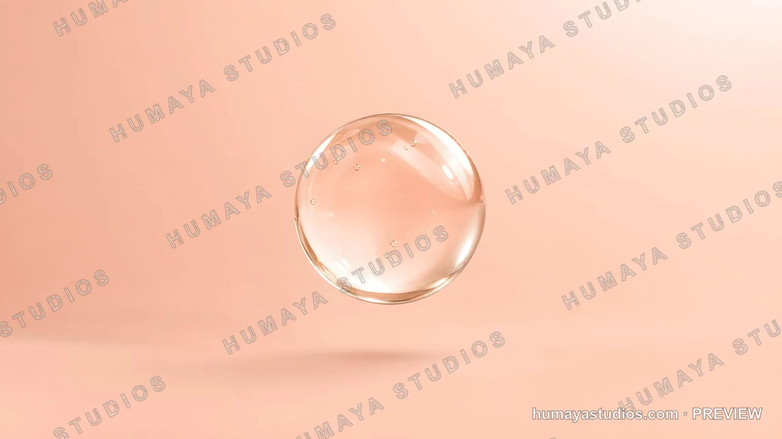 Transparent cosmetic serum bubble floating over peach background