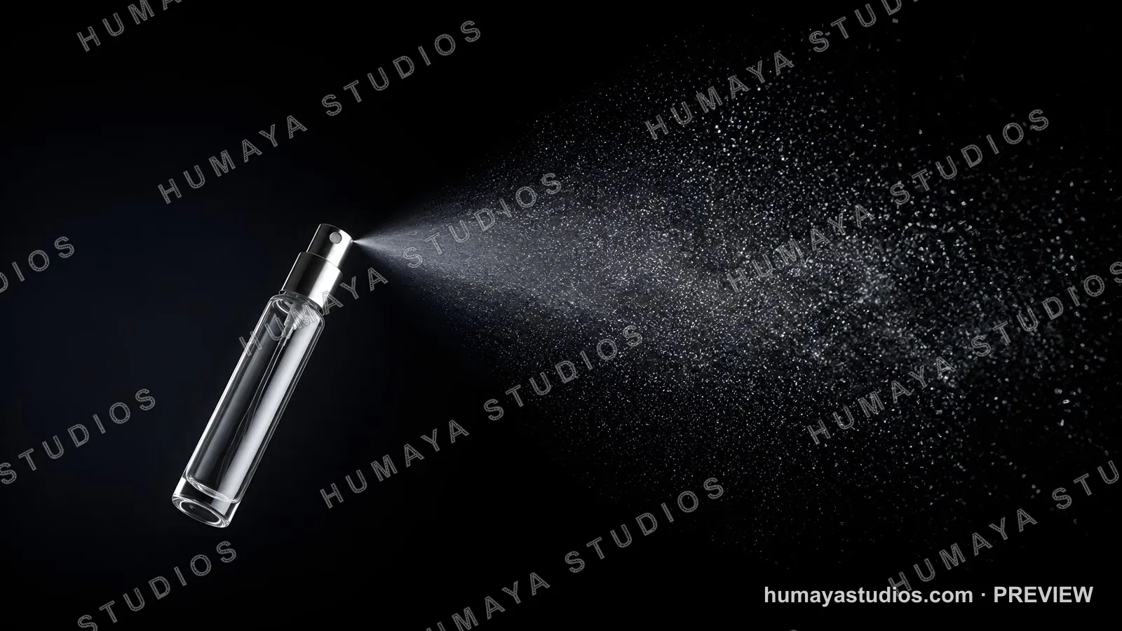 Perfume atomizer spraying mist on black background