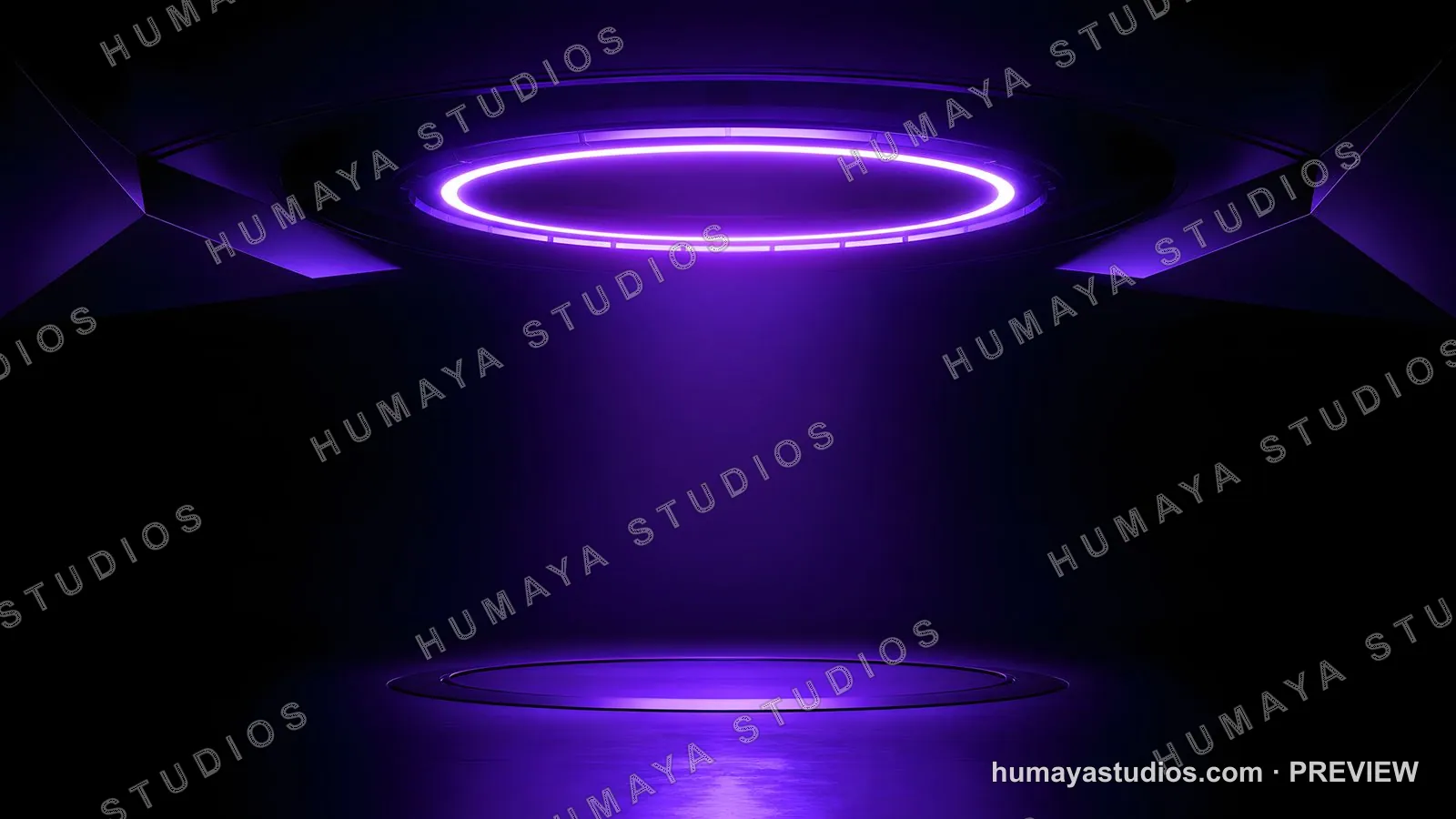 Futuristic purple neon stage with glowing circular light overhead