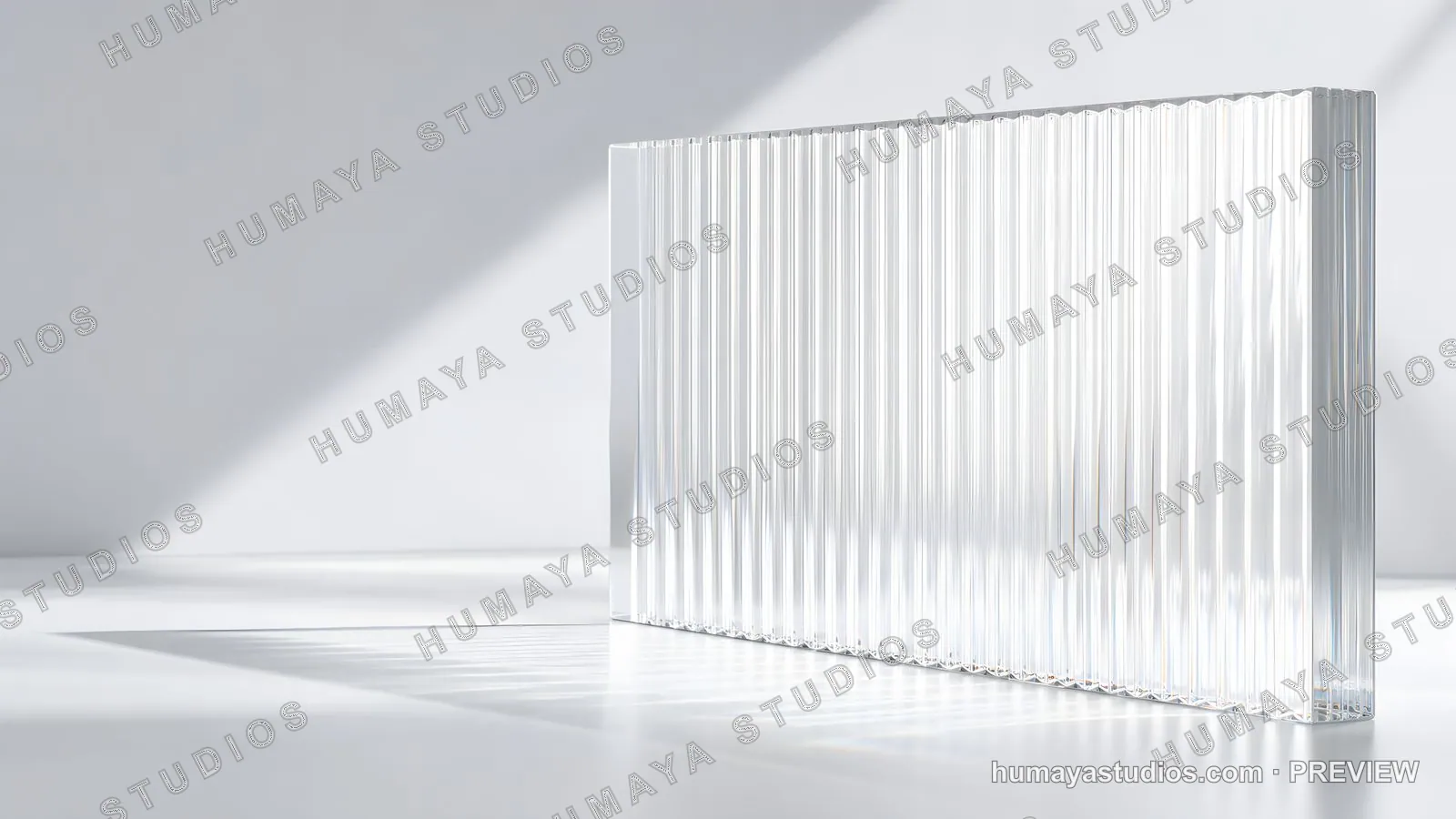 Fluted Glass Panel Podium on White Minimalist Studio Background