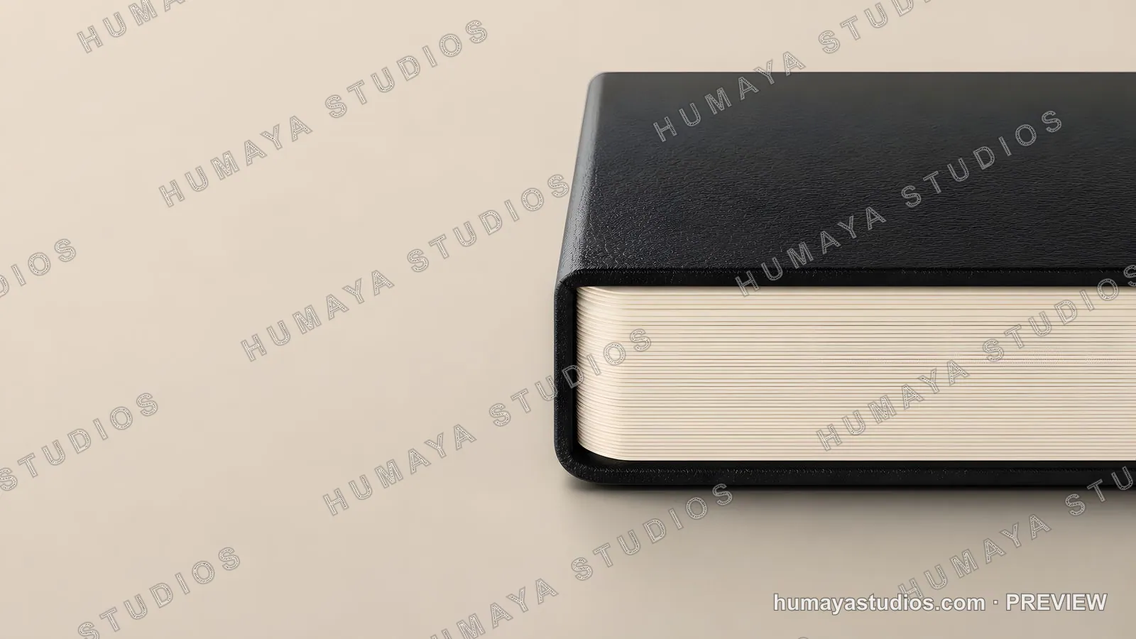 Closed thick black leather diary book on neutral background