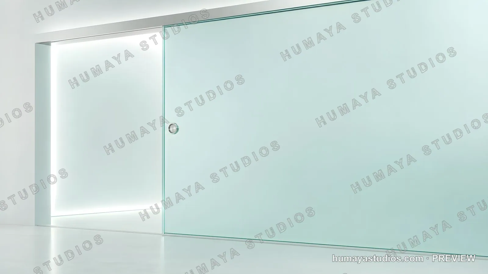 Modern frosted glass sliding door with bright illuminated hallway